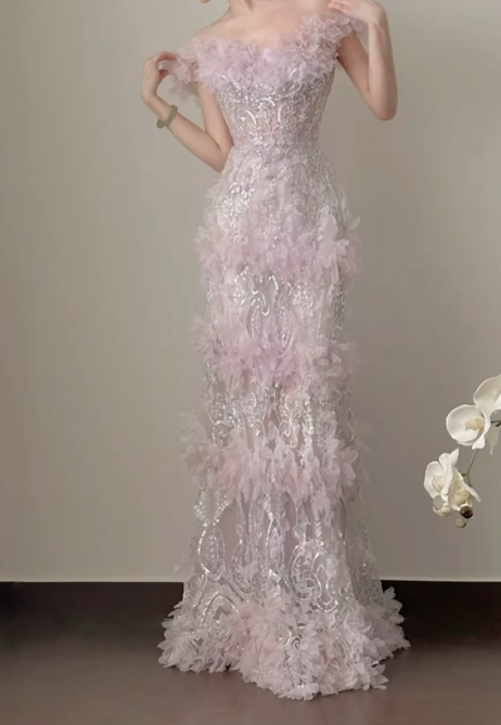 Sweet Pastel Pink Sequins Prom Dress Appliques Beading Mermaid Formal Dress GG7251