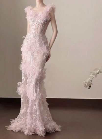 Sweet Pastel Pink Sequins Prom Dress Appliques Beading Mermaid Formal Dress GG7251