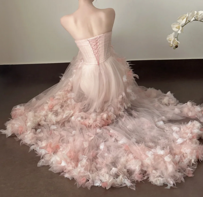 Cute Strapless Pink Prom Dress Appliques Tulle Mermaid Formal Dress GG7252