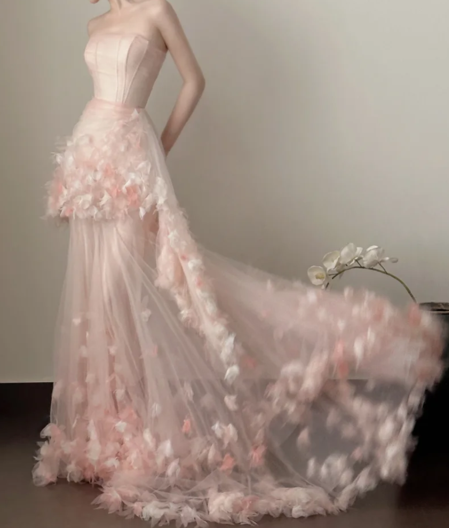 Cute Strapless Pink Prom Dress Appliques Tulle Mermaid Formal Dress GG7252