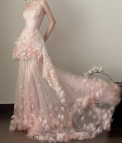 Cute Strapless Pink Prom Dress Appliques Tulle Mermaid Formal Dress GG7252