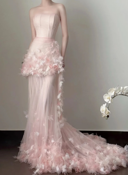 Cute Strapless Pink Prom Dress Appliques Tulle Mermaid Formal Dress GG7252