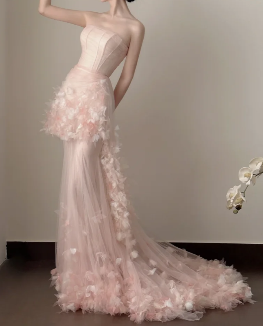 Cute Strapless Pink Prom Dress Appliques Tulle Mermaid Formal Dress GG7252
