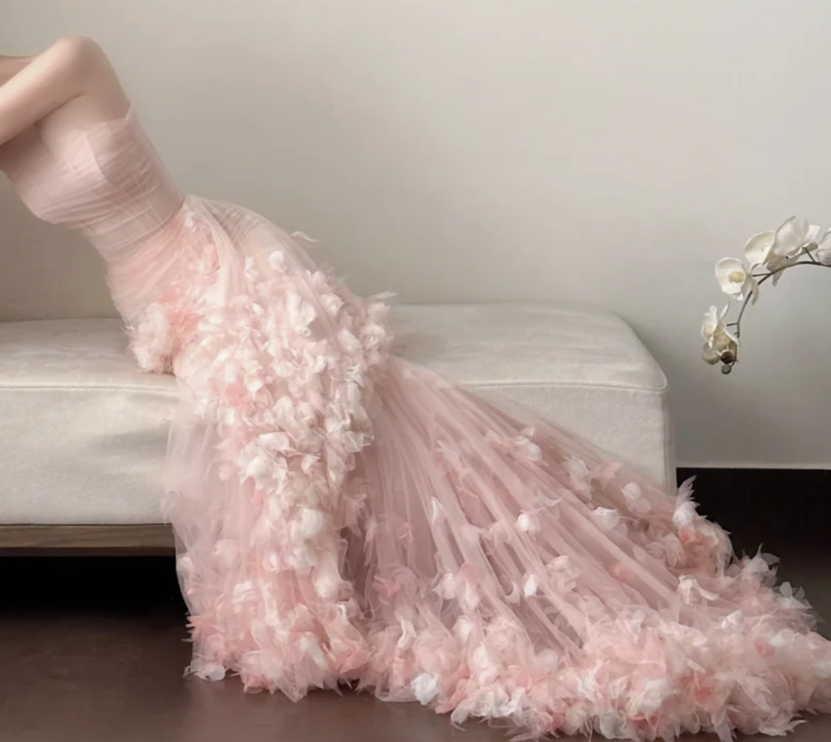 Cute Strapless Pink Prom Dress Appliques Tulle Mermaid Formal Dress GG7252
