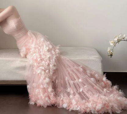 Cute Strapless Pink Prom Dress Appliques Tulle Mermaid Formal Dress GG7252