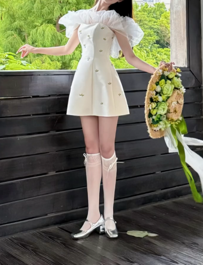 Classical Off-Shoulder Homecoming Dress White Floral A-Line Birthday Dress GG7253