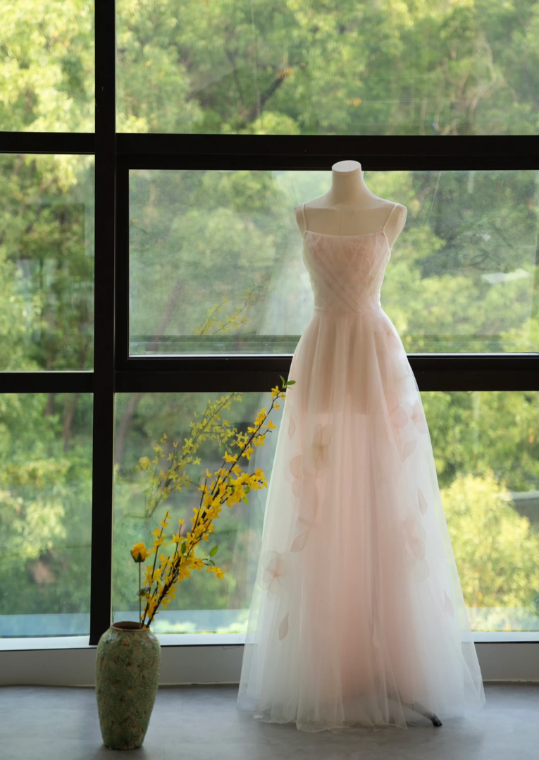 Sleek Spaghetti Straps Pastel Pink Prom Dress Appliques Tulle A-Line Formal Dress GG7254