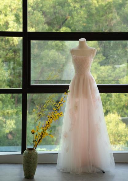 Sleek Spaghetti Straps Pastel Pink Prom Dress Appliques Tulle A-Line Formal Dress GG7254