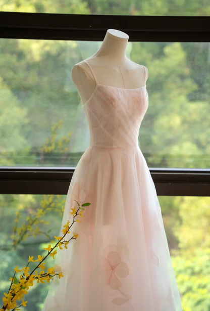 Sleek Spaghetti Straps Pastel Pink Prom Dress Appliques Tulle A-Line Formal Dress GG7254