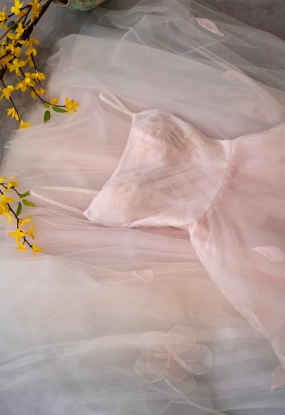 Sleek Spaghetti Straps Pastel Pink Prom Dress Appliques Tulle A-Line Formal Dress GG7254
