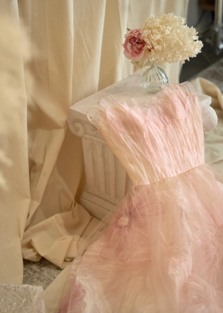 Vintage Spaghetti Straps Prom Dress Pastel Pink Floral A-Line Formal Dress GG7256
