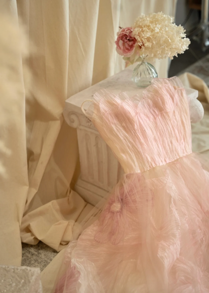 Vintage Spaghetti Straps Prom Dress Pastel Pink Floral A-Line Formal Dress GG7256