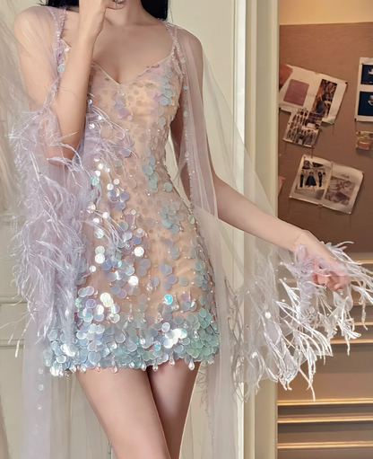 Shiny Spaghetti Straps Homecoming Dress Sequins Sheath Birthday Dress GG7258