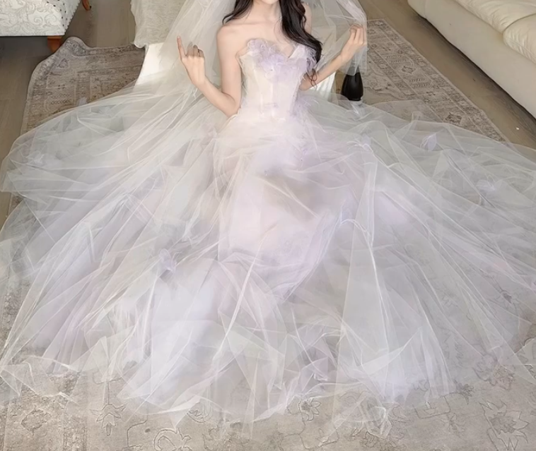 Ethereal Pastel Purple Prom Dress Floral Sequins Tulle A-Line Formal Dress GG7259