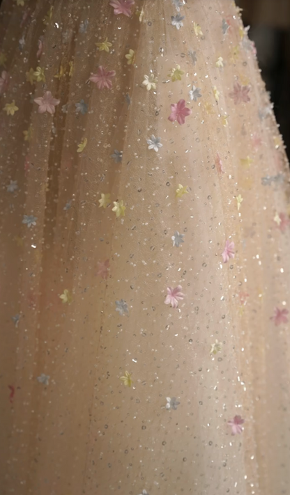 Cute Strapless Beige Prom Dress Floral Sequins A-Line Formal Dress GG7260