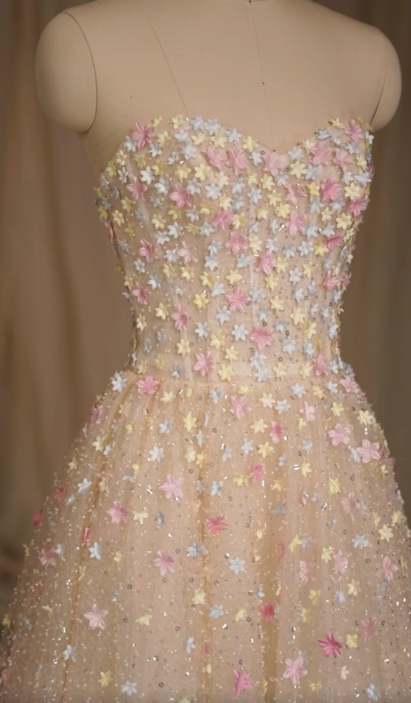 Cute Strapless Beige Prom Dress Floral Sequins A-Line Formal Dress GG7260