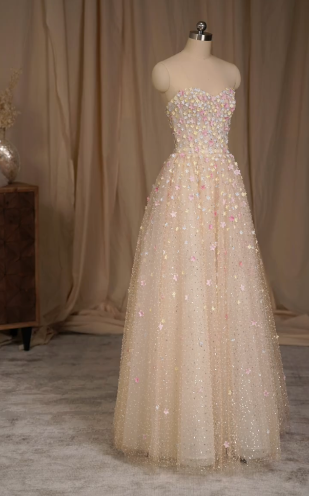 Cute Strapless Beige Prom Dress Floral Sequins A-Line Formal Dress GG7260