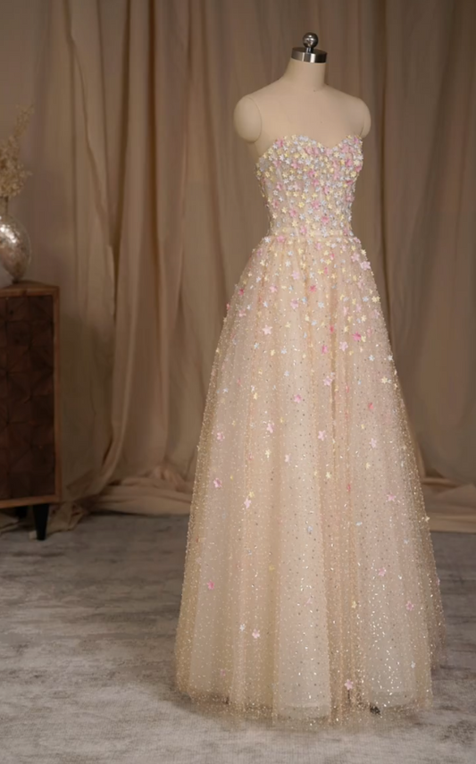 Cute Strapless Beige Prom Dress Floral Sequins A-Line Formal Dress GG7260