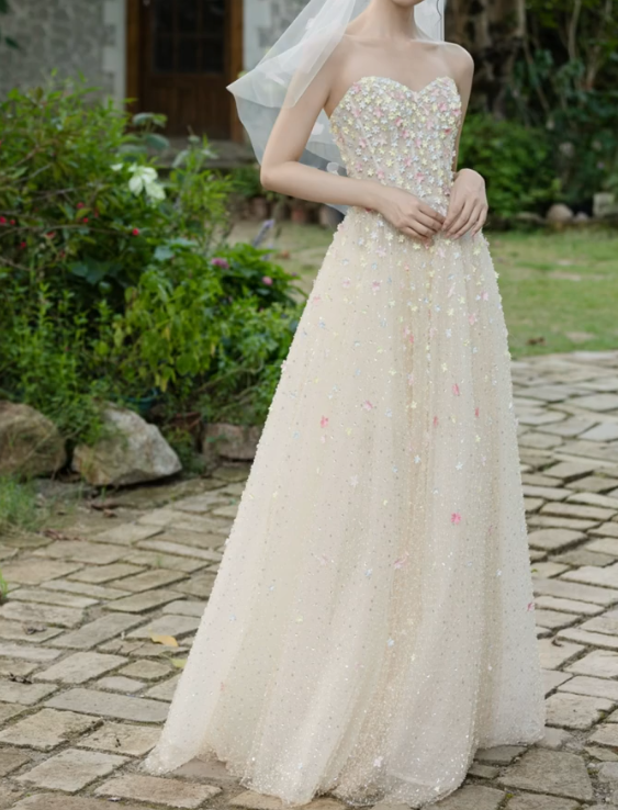 Cute Strapless Beige Prom Dress Floral Sequins A-Line Formal Dress GG7260