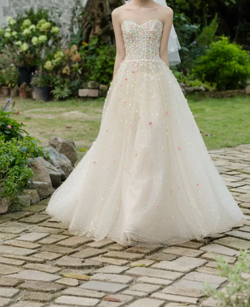 Cute Strapless Beige Prom Dress Floral Sequins A-Line Formal Dress GG7260