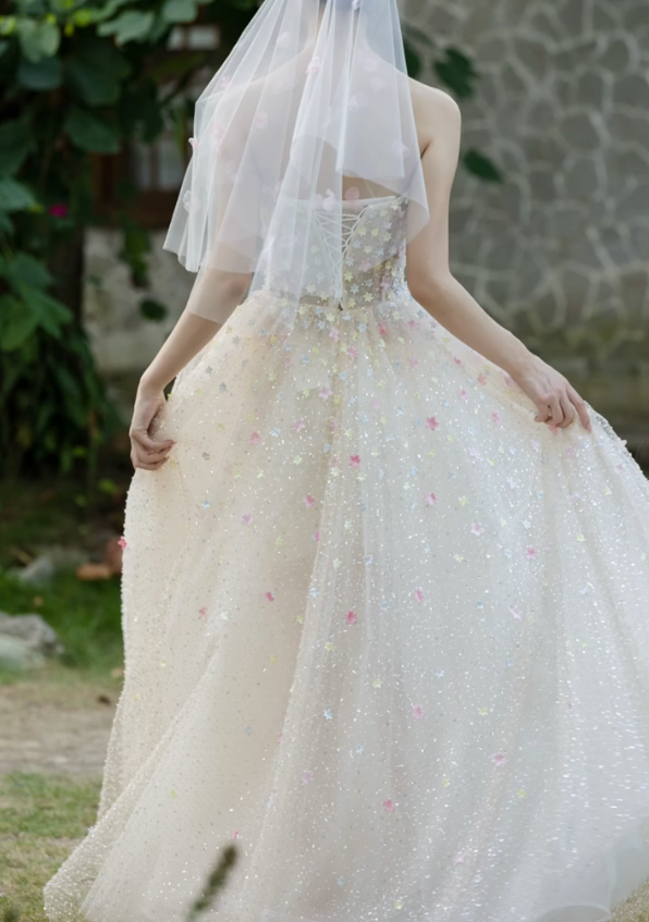 Cute Strapless Beige Prom Dress Floral Sequins A-Line Formal Dress GG7260