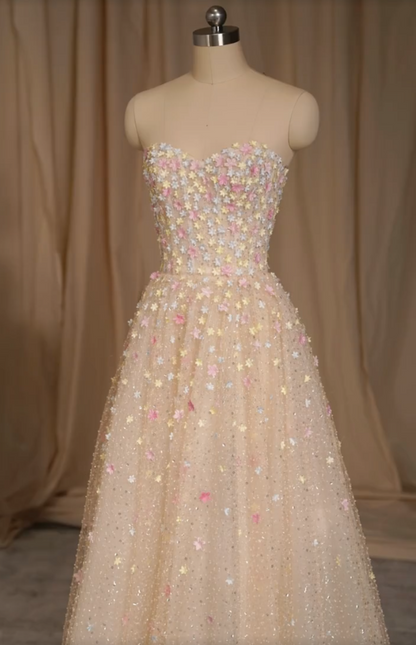 Cute Strapless Beige Prom Dress Floral Sequins A-Line Formal Dress GG7260