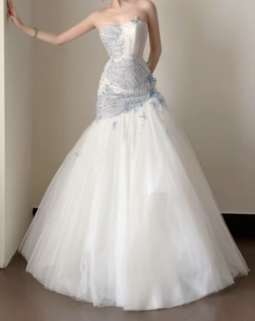Charming Strapless Blue Prom Dress Sequins Tulle Mermaid Formal Dress GG7262