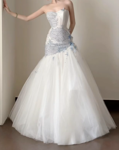 Charming Strapless Blue Prom Dress Sequins Tulle Mermaid Formal Dress GG7262
