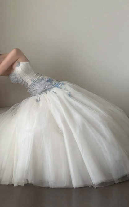 Charming Strapless Blue Prom Dress Sequins Tulle Mermaid Formal Dress GG7262