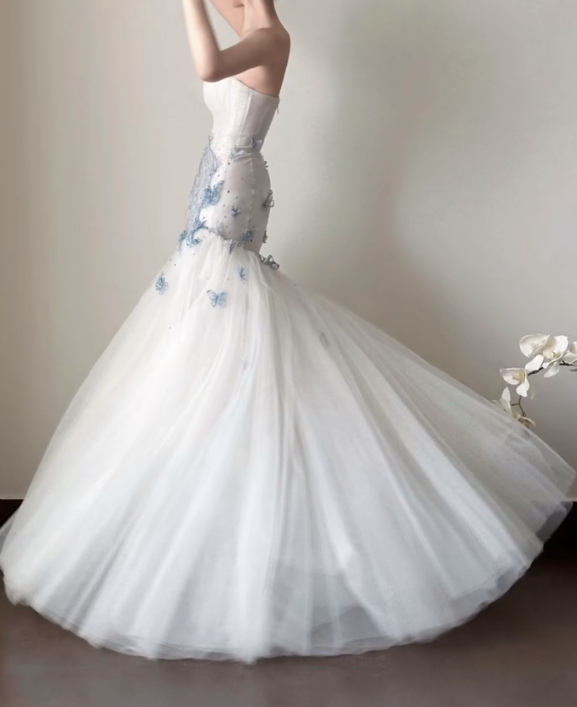 Charming Strapless Blue Prom Dress Sequins Tulle Mermaid Formal Dress GG7262
