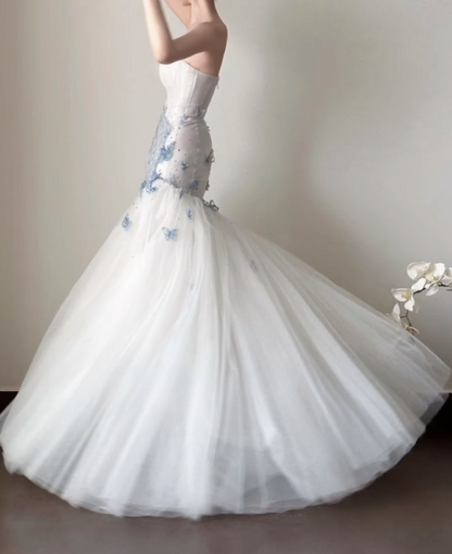 Charming Strapless Blue Prom Dress Sequins Tulle Mermaid Formal Dress GG7262