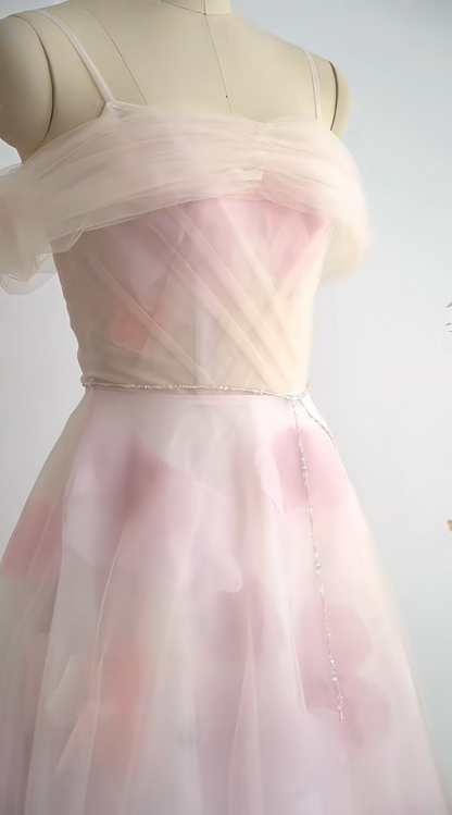 Vintage Off-Shoulder Homecoming Dress Pink Floral Tulle A-Line Birthday Dress GG7264