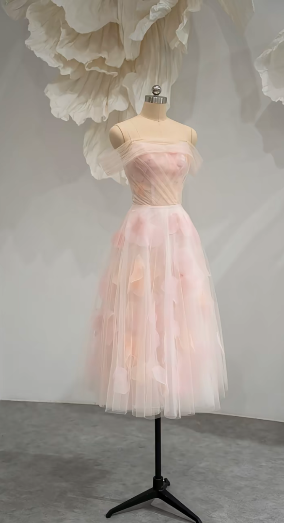 Vintage Off-Shoulder Homecoming Dress Pink Floral Tulle A-Line Birthday Dress GG7264