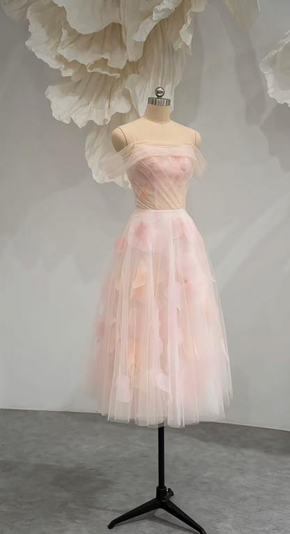 Vintage Off-Shoulder Homecoming Dress Pink Floral Tulle A-Line Birthday Dress GG7264