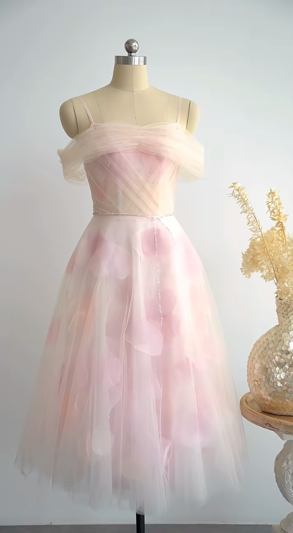 Vintage Off-Shoulder Homecoming Dress Pink Floral Tulle A-Line Birthday Dress GG7264