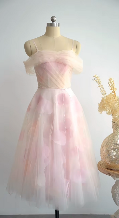 Vintage Off-Shoulder Homecoming Dress Pink Floral Tulle A-Line Birthday Dress GG7264
