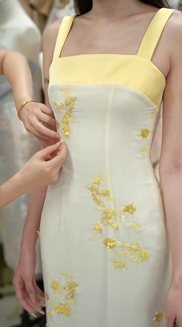 Vintage Spaghetti Straps Prom Dress Yellow Sequins Sheath Formal Dress GG7267