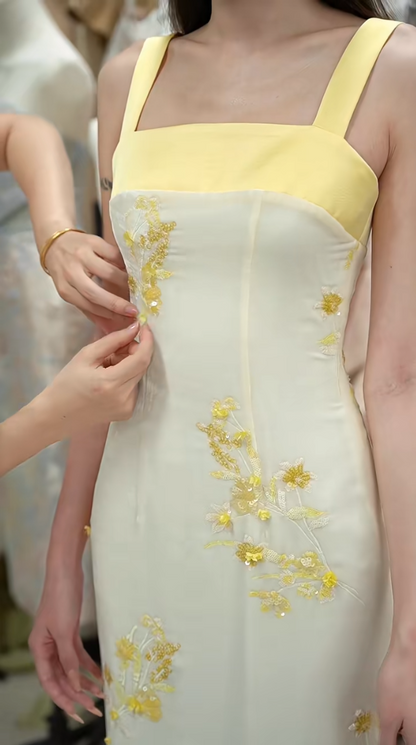 Vintage Spaghetti Straps Prom Dress Yellow Sequins Sheath Formal Dress GG7267