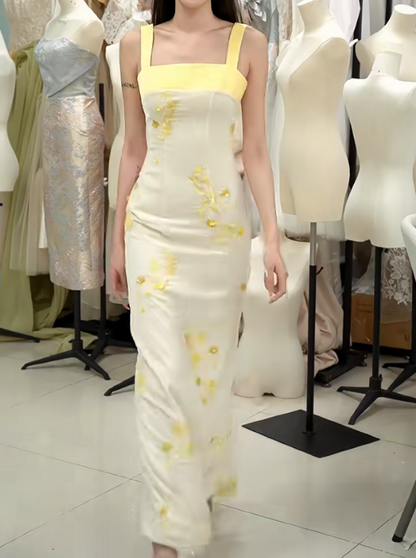 Vintage Spaghetti Straps Prom Dress Yellow Sequins Sheath Formal Dress GG7267