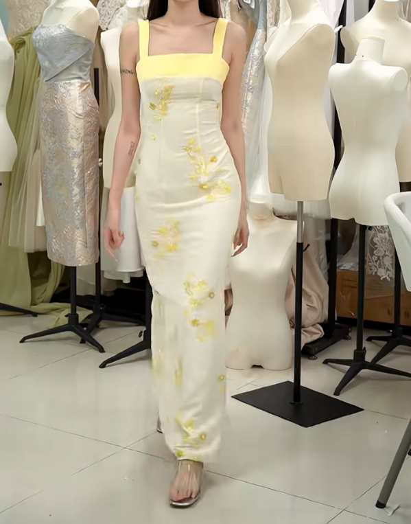 Vintage Spaghetti Straps Prom Dress Yellow Sequins Sheath Formal Dress GG7267