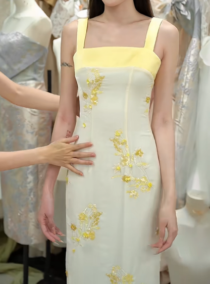 Vintage Spaghetti Straps Prom Dress Yellow Sequins Sheath Formal Dress GG7267