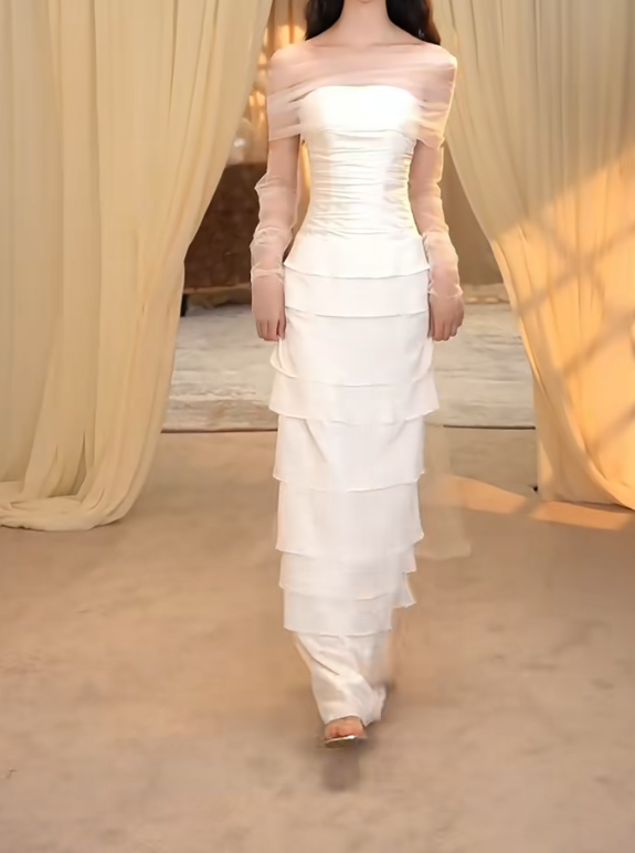 Graceful Off-Shoulder Prom Dress Tiered Mesh Sleeves Sheath Formal Dress GG7271