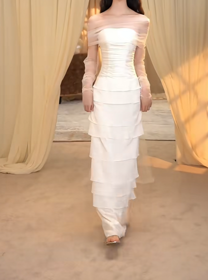 Graceful Off-Shoulder Prom Dress Tiered Mesh Sleeves Sheath Formal Dress GG7271