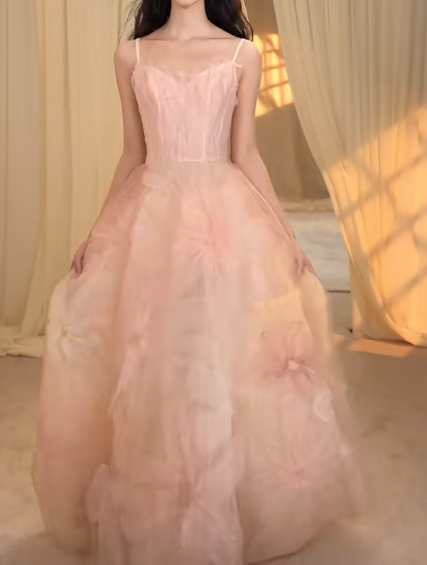 Romantic Spaghetti Straps Prom Dress Pink Floral A-Line Evening Dress GG7273