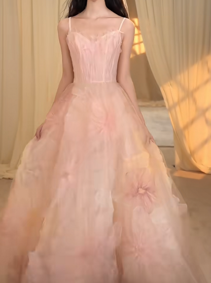 Romantic Spaghetti Straps Prom Dress Pink Floral A-Line Evening Dress GG7273