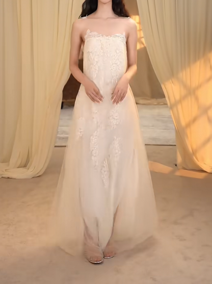 Gorgeous Spaghetti Straps Wedding Dress Appliques Tulle A-Line Bridal Dress GG7276
