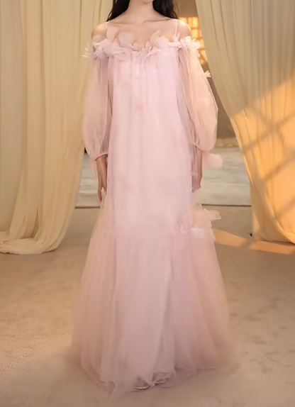 Adorable Spaghetti Straps Tulle Prom Dress Long Sleeve Appliques A-Line Evening Dress GG7278