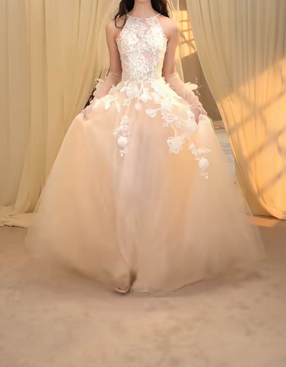 Glamorous Halter Neck Wedding Dress Appliques Tulle A-Line Bridal Dress GG7279