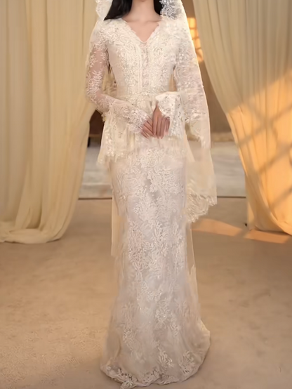 Gorgeous V Neck Wedding Dress Long Sleeve Lace Mermaid Bridal Dress GG7281