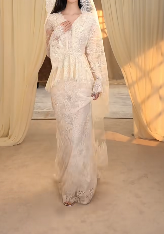 Gorgeous V Neck Wedding Dress Long Sleeve Lace Mermaid Bridal Dress GG7281